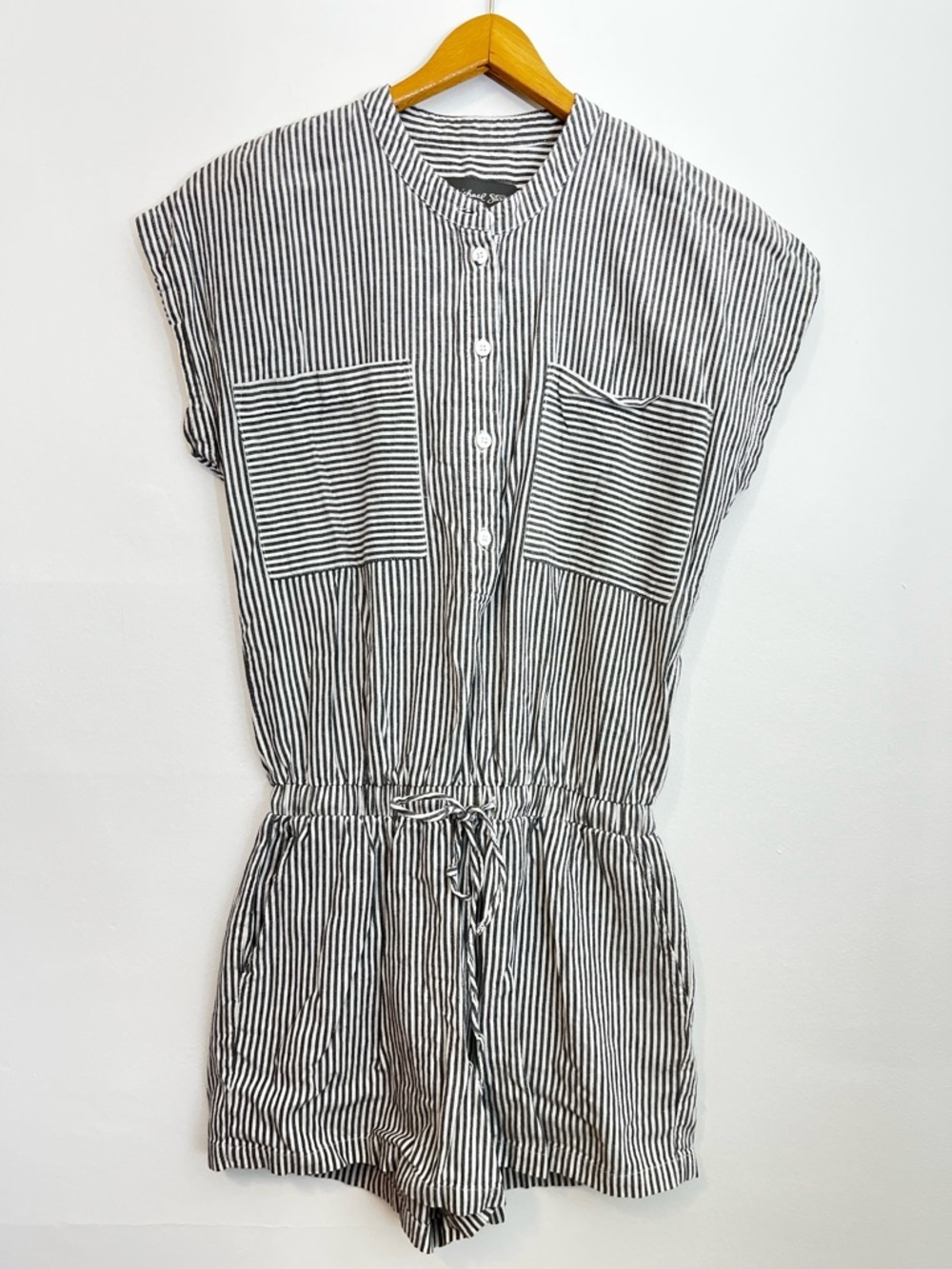 Michael Stars Talula Striped Romper Gray White Drawstring Button Front Pockets - Picture 2 of 9